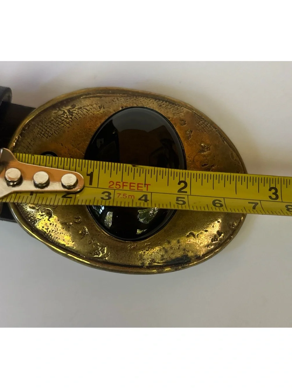 Vintage 1980’s Elaine Coyne Modernist Brass Onyx Black Leather Belt Size M